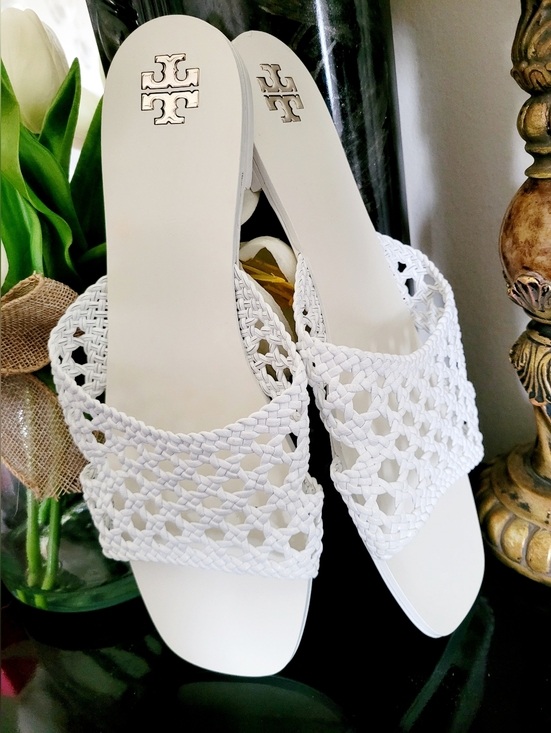 Tory Burch Shoes - Tory Burch Goat Leather Purity White Woven Slide Mule Sandals US 9